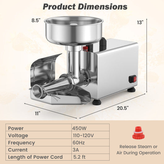 450W Electric Tomato Strainer Commercial Grade Food Mill Stainless Steel Sauce Maker - Color: Silver
