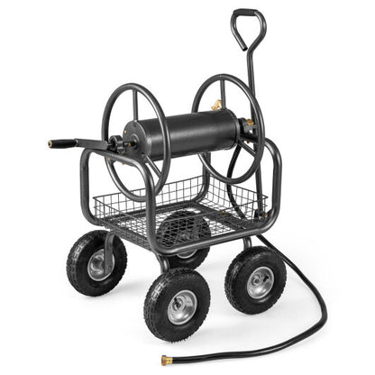 Garden Hose Reel Cart 300 Feet Large Capacity with 4 Wheels and Storage Basket-Gray