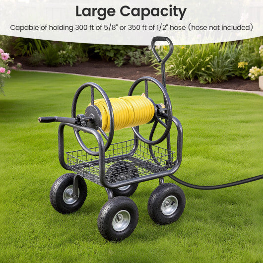 Garden Hose Reel Cart 300 Feet Large Capacity with 4 Wheels and Storage Basket-Gray