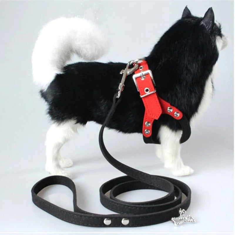 New Pet Dog Harness Soft Leather Dog Harness+ Leash Cute Glass Pattern Harness Attaching Strong Leash For Different Breeds S M L