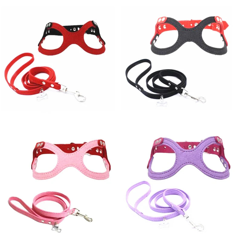 New Pet Dog Harness Soft Leather Dog Harness+ Leash Cute Glass Pattern Harness Attaching Strong Leash For Different Breeds S M L