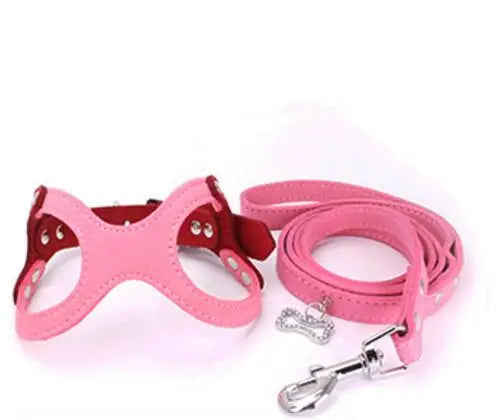 New Pet Dog Harness Soft Leather Dog Harness+ Leash Cute Glass Pattern Harness Attaching Strong Leash For Different Breeds S M L