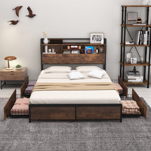 Full/Queen Size Bed Frame with Bookcase Headboard and 4 Storage Drawers-Queen Size - Color: Rustic Brown - Size: Queen Size