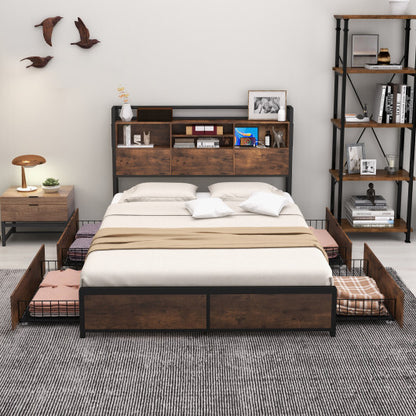 Full/Queen Size Bed Frame with Bookcase Headboard and 4 Storage Drawers-Queen Size - Color: Rustic Brown - Size: Queen Size