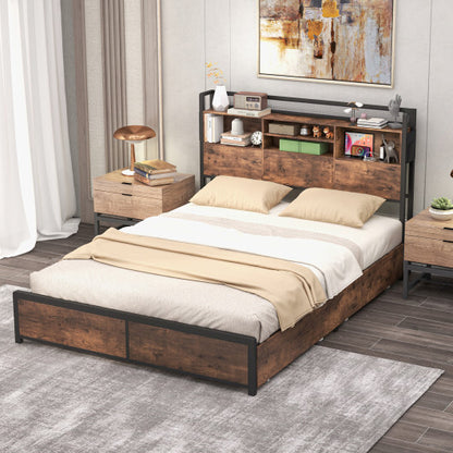 Full/Queen Size Bed Frame with Bookcase Headboard and 4 Storage Drawers-Queen Size - Color: Rustic Brown - Size: Queen Size