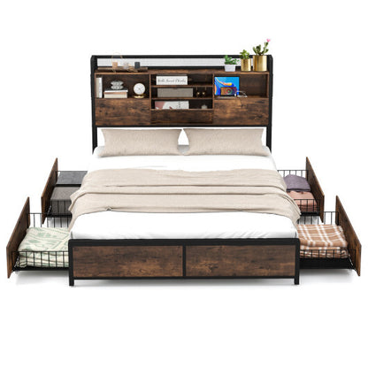 Full/Queen Size Bed Frame with Bookcase Headboard and 4 Storage Drawers-Queen Size - Color: Rustic Brown - Size: Queen Size