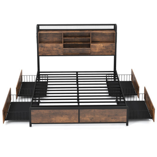 Full/Queen Size Bed Frame with Bookcase Headboard and 4 Storage Drawers-Queen Size - Color: Rustic Brown - Size: Queen Size