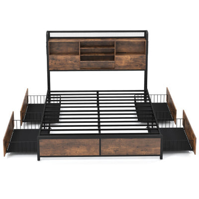 Full/Queen Size Bed Frame with Bookcase Headboard and 4 Storage Drawers-Queen Size - Color: Rustic Brown - Size: Queen Size