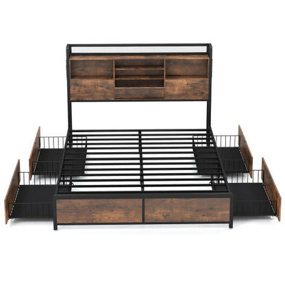 Full/Queen Size Bed Frame with Bookcase Headboard and 4 Storage Drawers-Queen Size - Color: Rustic Brown - Size: Queen Size