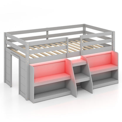 Twin Size Loft Bed with LED Lights with Staircase and Safety Guardrail-Gray - Color: Gray - Size: Twin Size