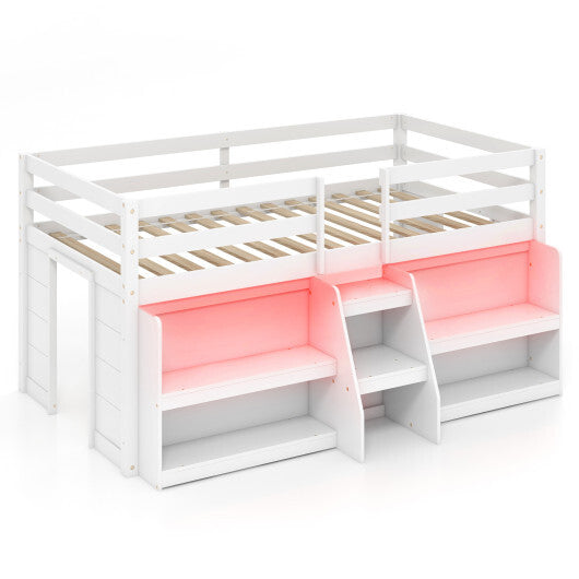 Twin Size Loft Bed with LED Lights with Staircase and Safety Guardrail-White - Color: White - Size: Twin Size