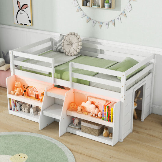 Twin Size Loft Bed with LED Lights with Staircase and Safety Guardrail-White - Color: White - Size: Twin Size