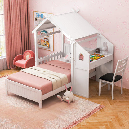 Twin House Bed with with 2 Drawers and Windmill-White - Color: White