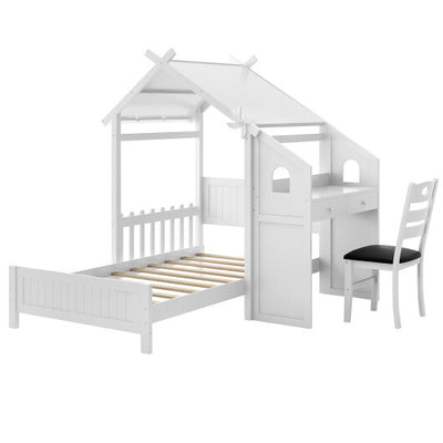 Twin House Bed with with 2 Drawers and Windmill-White - Color: White