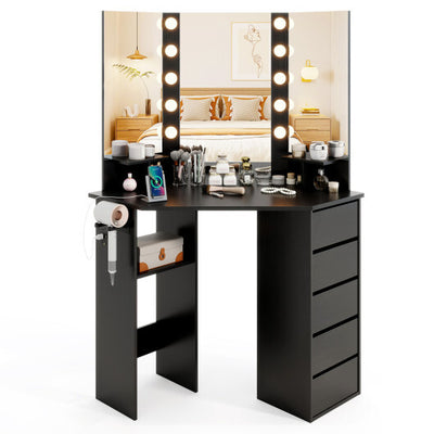 Corner Vanity Desk with 3-Color LED Lighted Mirror and Power Outlet-Black