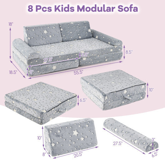 8 Pieces Modular Kids Play Couch Glow in the Dark Toddler Sectional Sofa-Multicolor