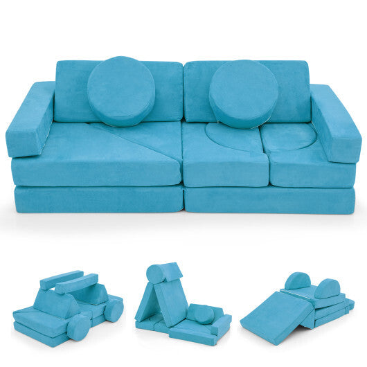 14 PCS Modular Kids Play Couch for Playroom and Bedroom-Blue - Color: Blue