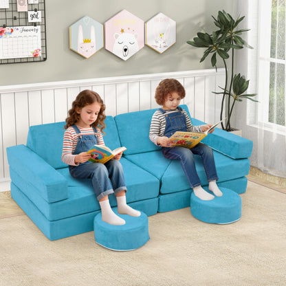 14 PCS Modular Kids Play Couch for Playroom and Bedroom-Blue - Color: Blue