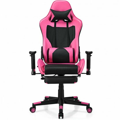 PU Leather Gaming Chair with USB Massage Lumbar Pillow and Footrest -Pink - Color: Pink