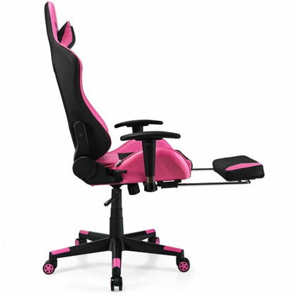 PU Leather Gaming Chair with USB Massage Lumbar Pillow and Footrest -Pink - Color: Pink