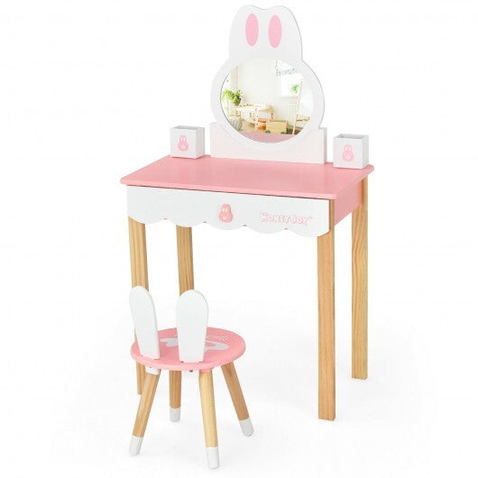 Kids Vanity Set Rabbit Makeup Dressing Table Chair Set with Mirror and Drawer-White