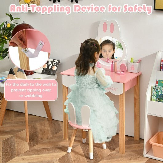 Kids Vanity Set Rabbit Makeup Dressing Table Chair Set with Mirror and Drawer-White