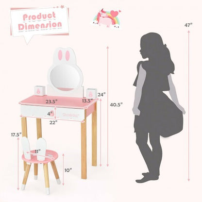 Kids Vanity Set Rabbit Makeup Dressing Table Chair Set with Mirror and Drawer-White