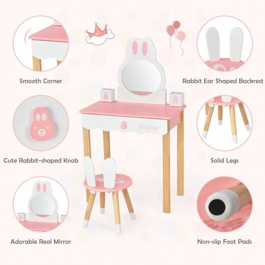 Kids Vanity Set Rabbit Makeup Dressing Table Chair Set with Mirror and Drawer-White