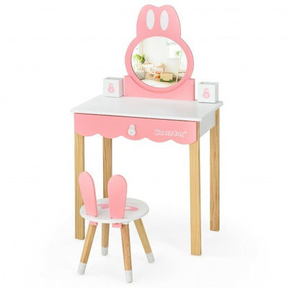 Kids Vanity Set Rabbit Makeup Dressing Table Chair Set with Mirror and Drawer-White