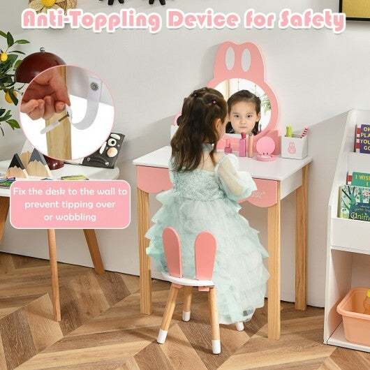 Kids Vanity Set Rabbit Makeup Dressing Table Chair Set with Mirror and Drawer-White