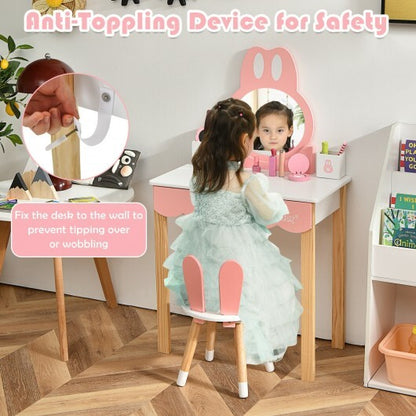 Kids Vanity Set Rabbit Makeup Dressing Table Chair Set with Mirror and Drawer-White