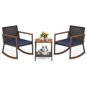 3 Pieces Rattan Rocking Bistro Set with Coffee Table and Cushions-Navy - Color: Navy