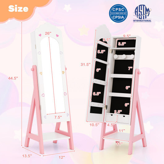 2 Pieces Kids Vanity Set and Jewelry Armoire Cabinet with Full-length Mirror-Pink