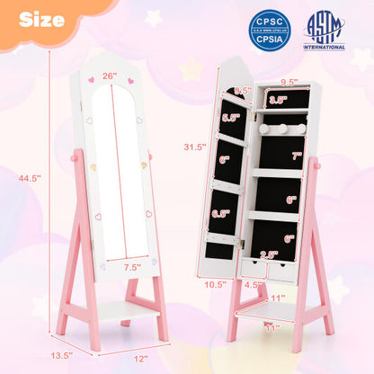 2 Pieces Kids Vanity Set and Jewelry Armoire Cabinet with Full-length Mirror-Pink