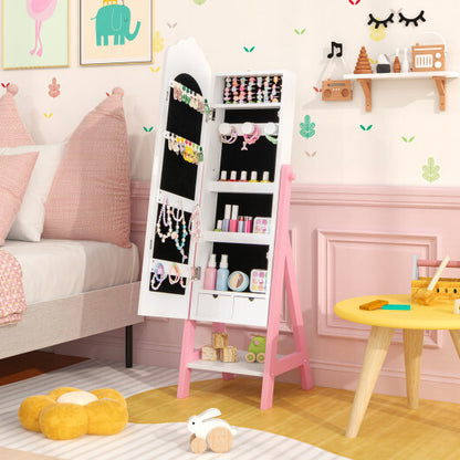 2 Pieces Kids Vanity Set and Jewelry Armoire Cabinet with Full-length Mirror-Pink