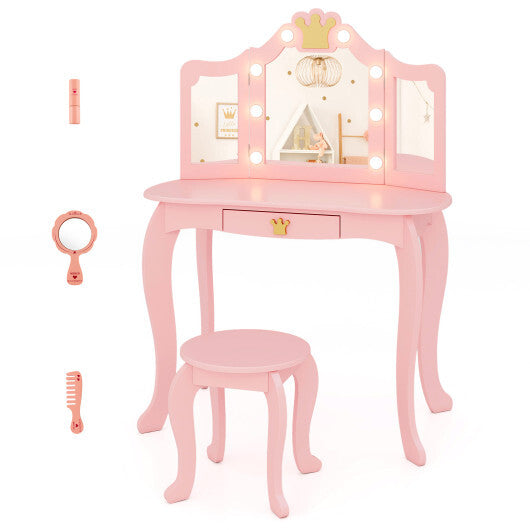 Kids Vanity Set with Tri-fold Lighted Mirror Detachable Top and Stool-Pink - Color: Pink