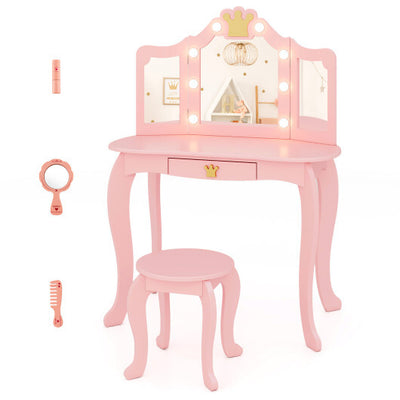 Kids Vanity Set with Tri-fold Lighted Mirror Detachable Top and Stool-Pink - Color: Pink