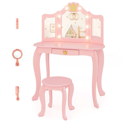Kids Vanity Set with Tri-fold Lighted Mirror Detachable Top and Stool-Pink - Color: Pink