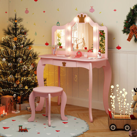 Kids Vanity Set with Tri-fold Lighted Mirror Detachable Top and Stool-Pink - Color: Pink