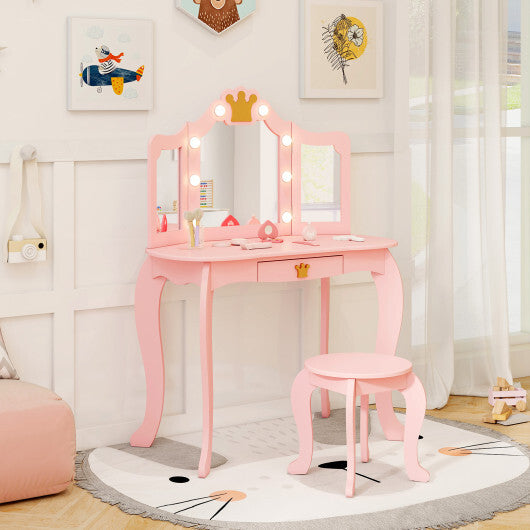 Kids Vanity Set with Tri-fold Lighted Mirror Detachable Top and Stool-Pink - Color: Pink