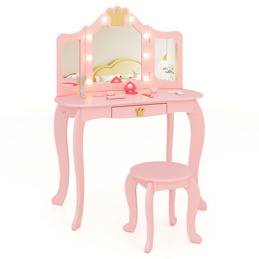 Kids Vanity Set with Tri-fold Lighted Mirror Detachable Top and Stool-Pink - Color: Pink