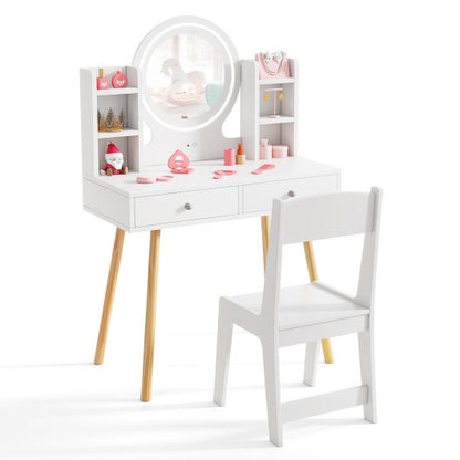 Kids Vanity Set with Lighted Mirror and Storage Drawers-White