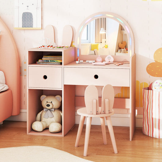 Kids Vanity Desk and Chair Set with Lights  Open Shelves-Pink