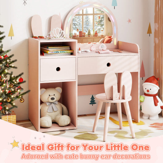 Kids Vanity Desk and Chair Set with Lights  Open Shelves-Pink
