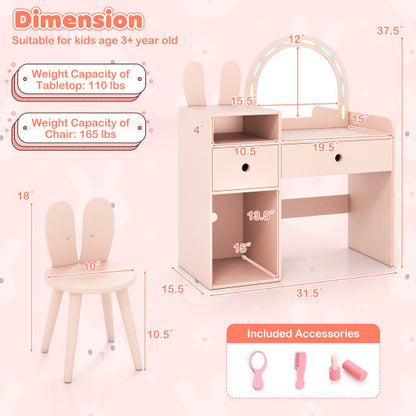 Kids Vanity Desk and Chair Set with Lights  Open Shelves-Pink