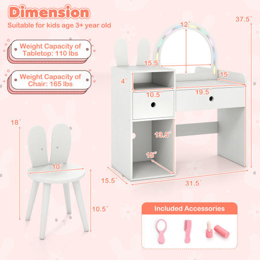Kids Vanity Desk and Chair Set with Lights  Open Shelves-Pink