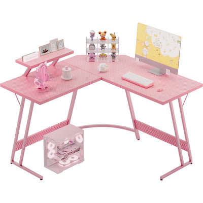 Homall L-Shaped Gaming Desk 47 Inches Corner Office Desk with Removable Monitor Riser, Pink