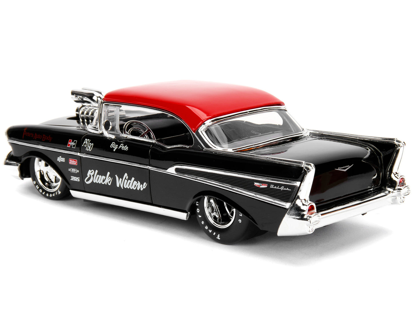 1957 Chevrolet Bel Air Black with Red Top "Pete's Auto Body: Black Widow" "Bigtime Muscle" Series 1/24 Diecast Model Car by Jada