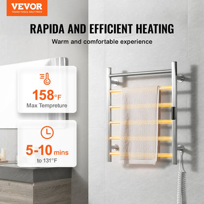 6 Bars Towel Warmer Rack, Wall Mounted Heated Towel Rack for Bathroom, IPX5 Waterpoof Towel Heater Rack with Timer & LED Display Screen, 5 Levels Adjustable Temperature Towel Heater, Silver