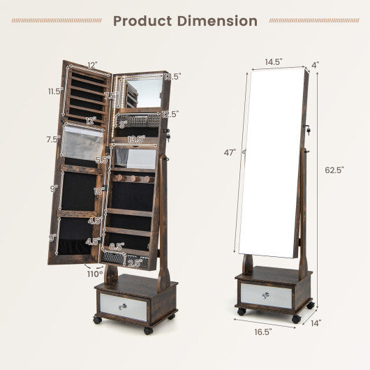 47 Inch Lockable Jewelry Cabinet Armoire with 3-Color LED Lights-Brown